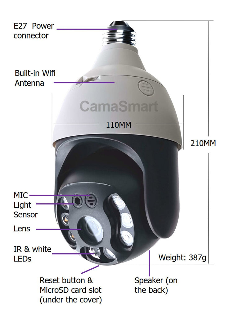 Camnsmart 5MP Tuya Smart Outdoor Light Bulb Camera Wifi IP PTZ Color Night Vision Home Security Auto Track Video Surveillance