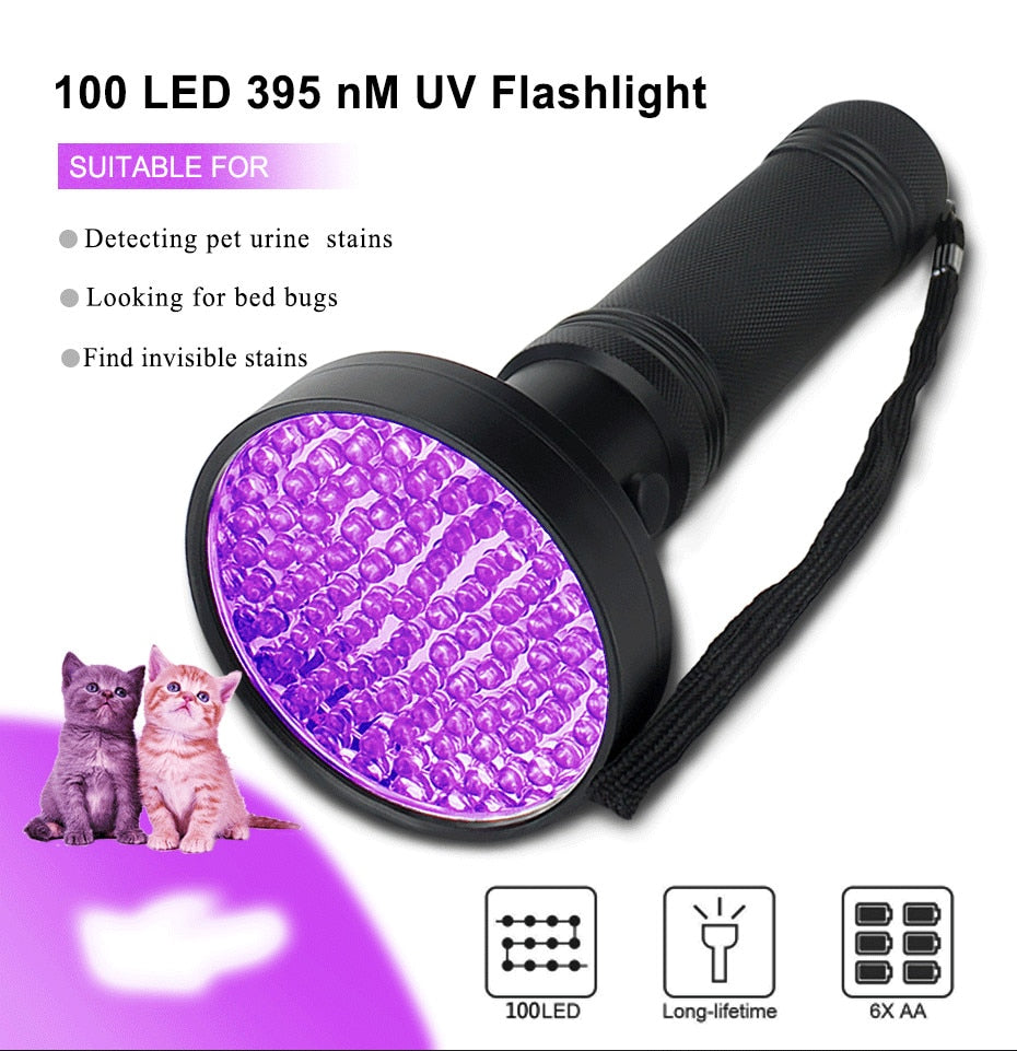 UV Flashlight 10W 100 LEDs 395 nm UV LED Torch Back Detector Light for Dog Cat Urine, Pet Stains, Bed Bugs, Scorpions 6 x AA - Virtual Blue Store