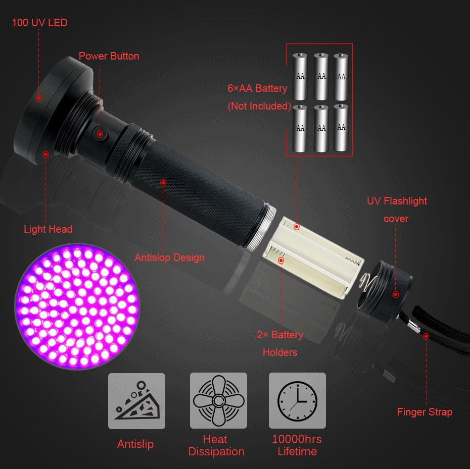 UV Flashlight 10W 100 LEDs 395 nm UV LED Torch Back Detector Light for Dog Cat Urine, Pet Stains, Bed Bugs, Scorpions 6 x AA - Virtual Blue Store