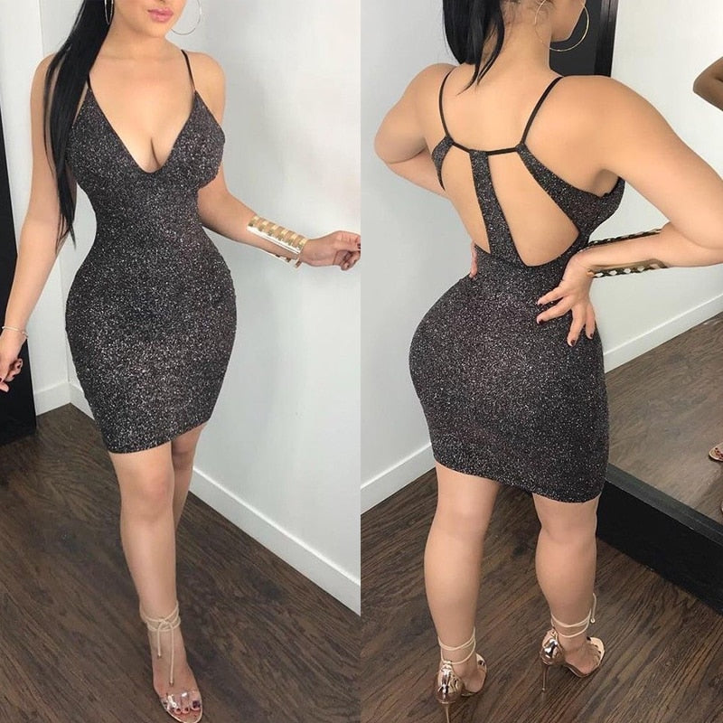 Backless Hollow Out Sexy Bodycon Bandage Dress Women Spaghetti Strap V Neck Mini Summer Dress Casual Party Dress Vestidos - Virtual Blue Store