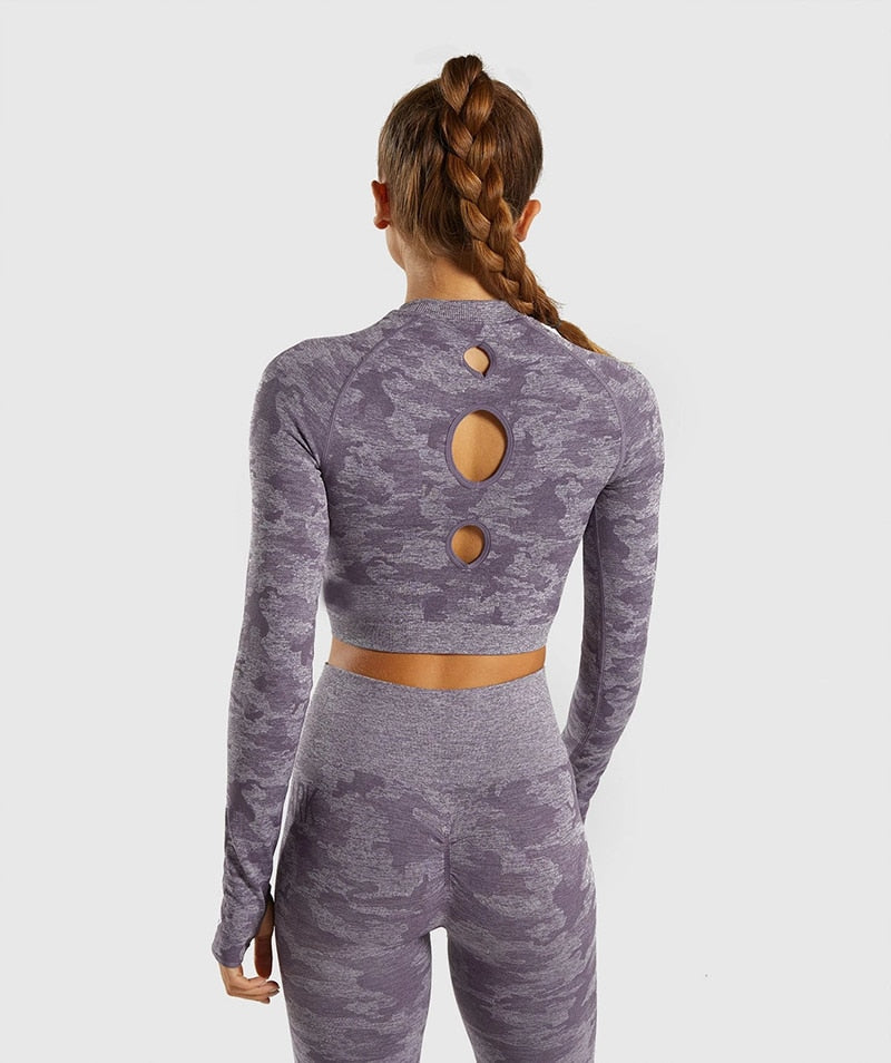 NORMOV Camo Seamless Yoga Shirts Women Gym Crop Top Long Sleeves Running Sport T-Shirts Women Fitness Yoga Top Workout Tops - Virtual Blue Store