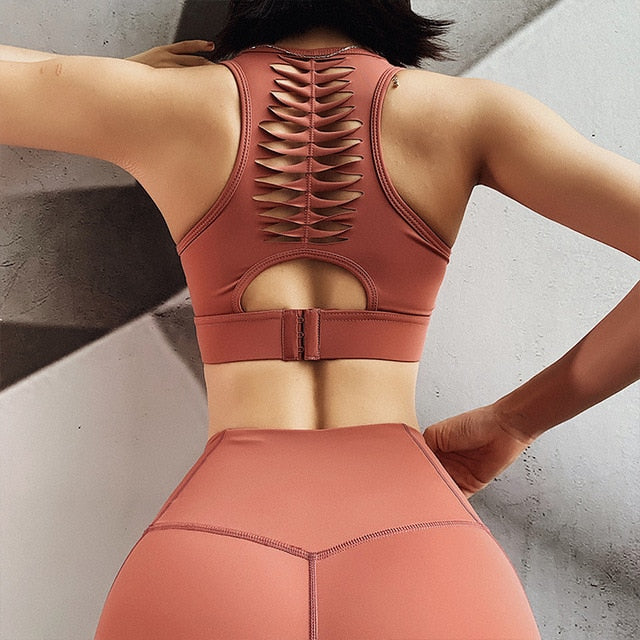 NORMOV Sports Bra Top Fitness Women Racerback Running Crop Tops Pink Workout Padded Yoga Bra High Impact Activewear - Virtual Blue Store