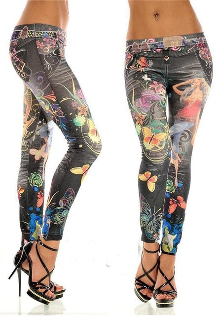 Fashionable New Lady Seamless Imitation Cowboy Color Printing High Waist Skinny Blue Jean Denim Leggings Stretchy Jeggings Pant - Virtual Blue Store