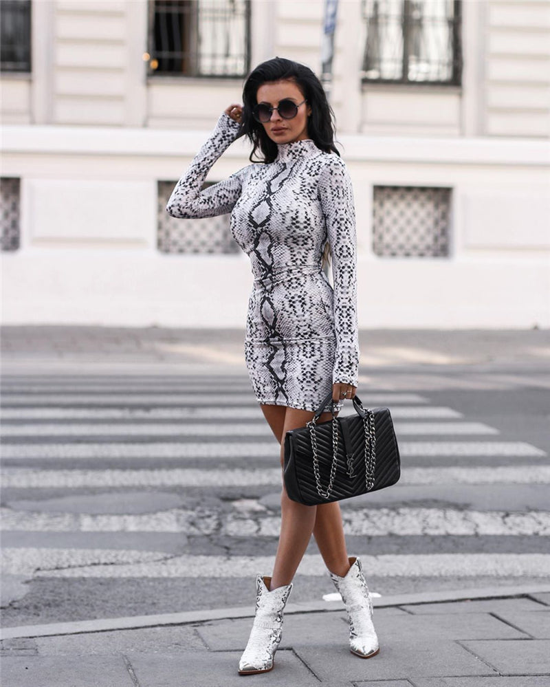 New Elegant Women's Bodycon Slim Pencil Dress snake skin dress autumn women sexy Long Sleeve party mini dresses - Virtual Blue Store