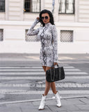 New Elegant Women's Bodycon Slim Pencil Dress snake skin dress autumn women sexy Long Sleeve party mini dresses - Virtual Blue Store