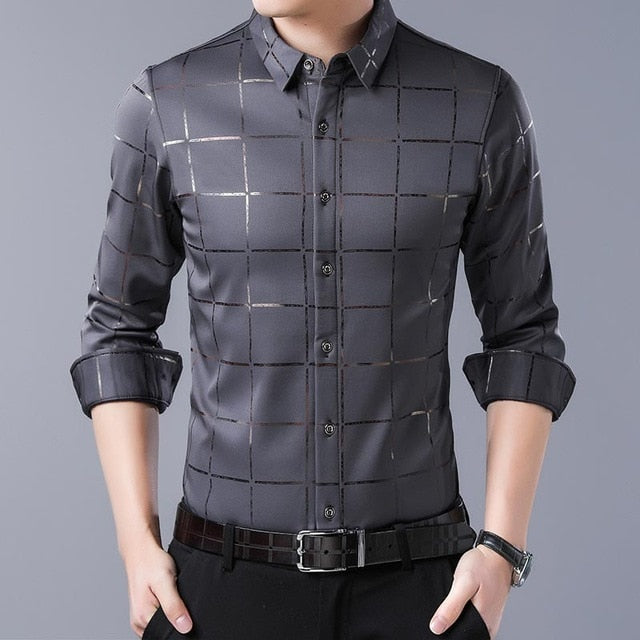 Men Plaid Long Sleeve Slim Fit Shirt - Virtual Blue Store