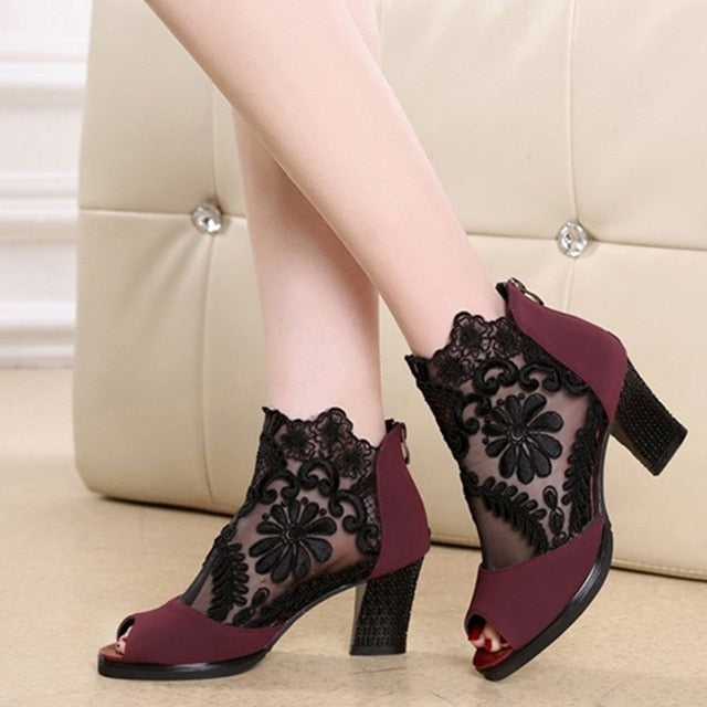 Mesh Peep Toe Sandals Summer Sexy Heels Single Shoes - Virtual Blue Store