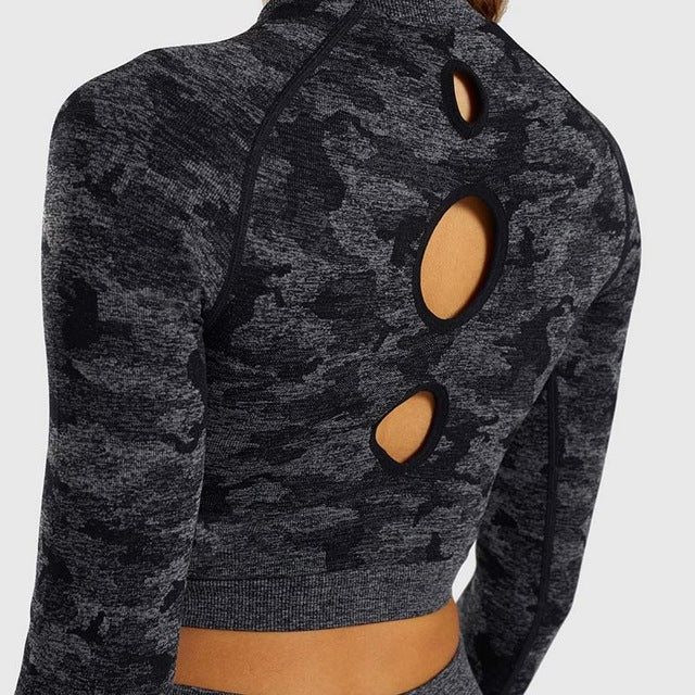 NORMOV Camo Seamless Yoga Shirts Women Gym Crop Top Long Sleeves Running Sport T-Shirts Women Fitness Yoga Top Workout Tops - Virtual Blue Store
