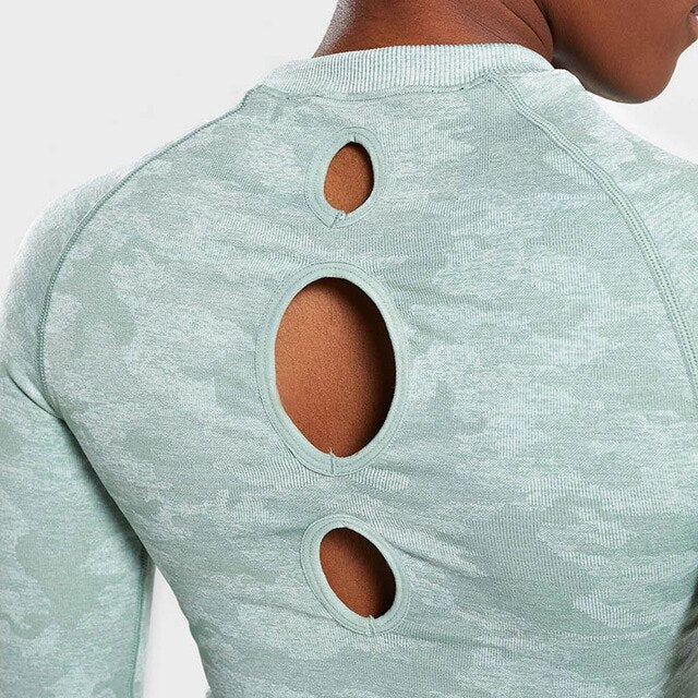 NORMOV Camo Seamless Yoga Shirts Women Gym Crop Top Long Sleeves Running Sport T-Shirts Women Fitness Yoga Top Workout Tops - Virtual Blue Store