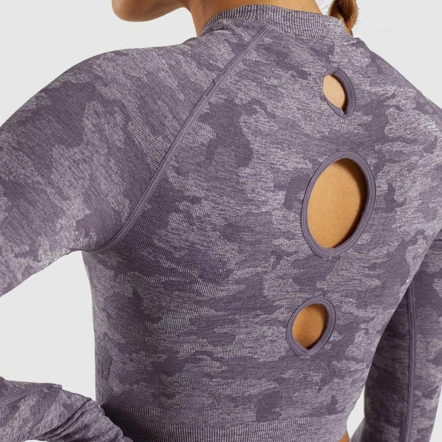 NORMOV Camo Seamless Yoga Shirts Women Gym Crop Top Long Sleeves Running Sport T-Shirts Women Fitness Yoga Top Workout Tops - Virtual Blue Store