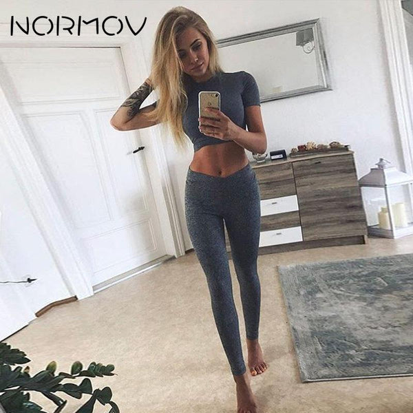 NORMOV Women Yoga Sets High Waist Gym Leggings Shirts Suit Short