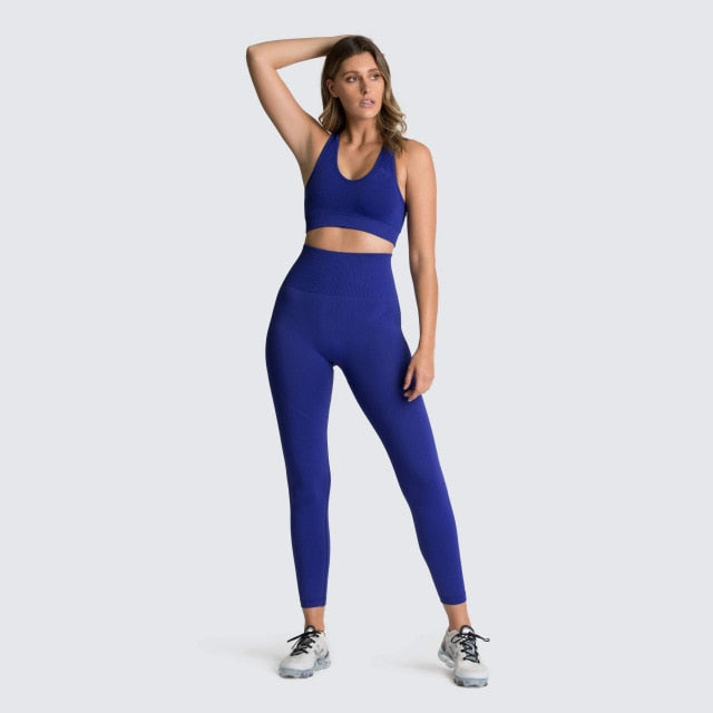 2Pcs Women's Sport Gym Yoga Vest Bra Sports Legging Pants Blue