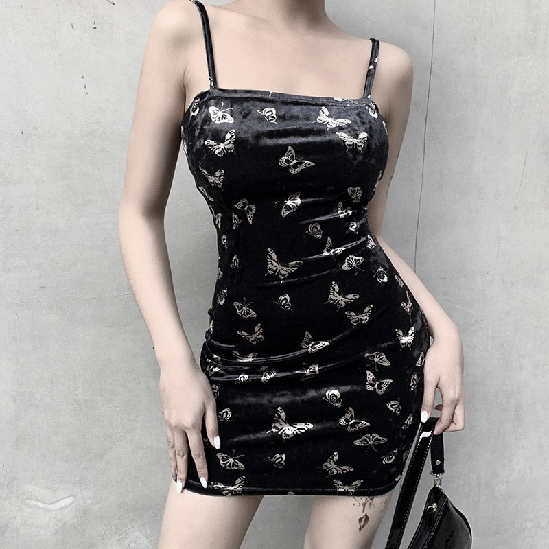 Harajuku Black Dress Women Gothic Spaghetti Strap Backless Off Shoulder Dresses Female Fashion Casual Print Sexy Dress - Virtual Blue Store