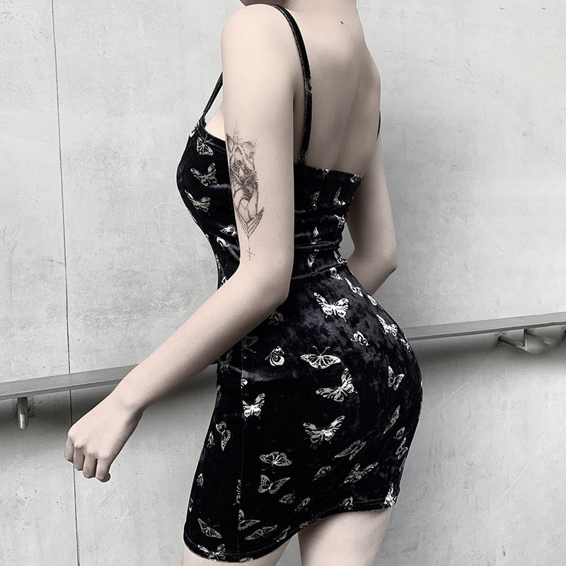 Harajuku Black Dress Women Gothic Spaghetti Strap Backless Off Shoulder Dresses Female Fashion Casual Print Sexy Dress - Virtual Blue Store