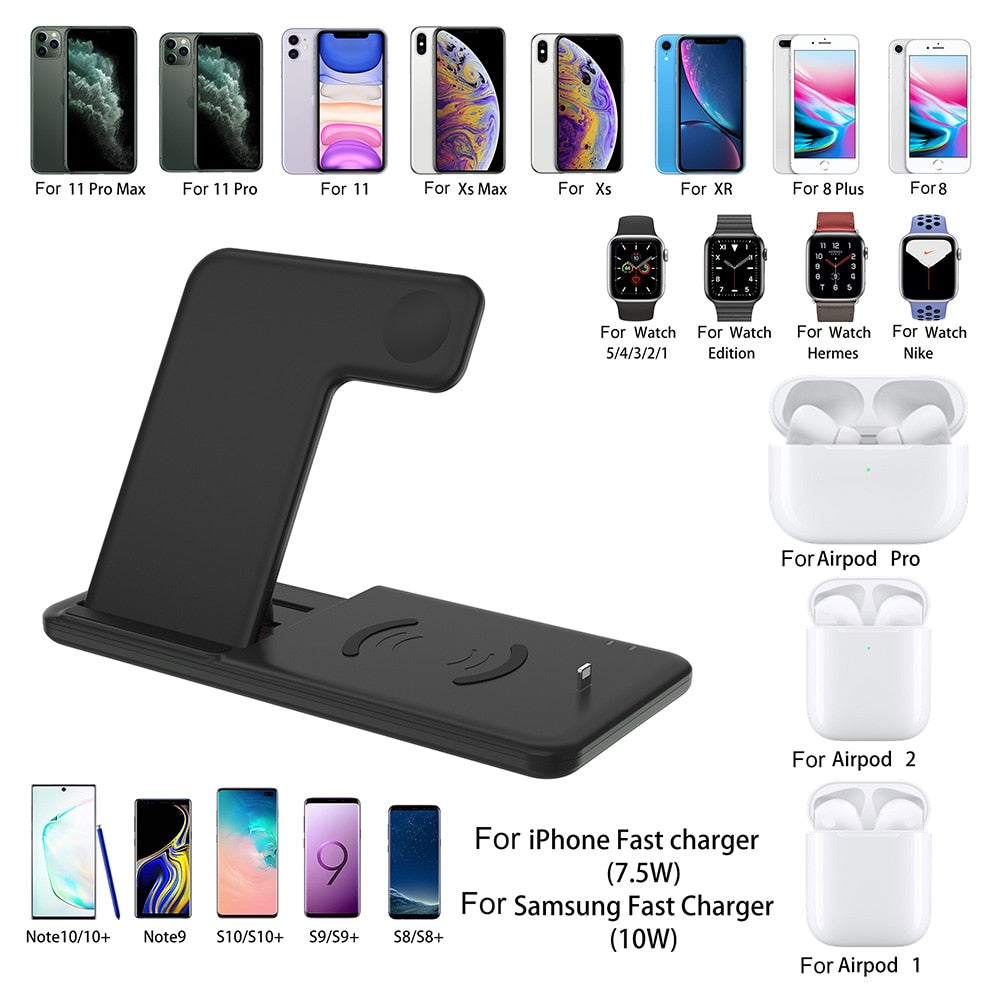 15W Qi Fast Wireless Charger Stand For iPhone 11 XR X 8 Apple Watch 4 in 1 Foldable Charging Dock Station for Airpods Pro iWatch - Virtual Blue Store