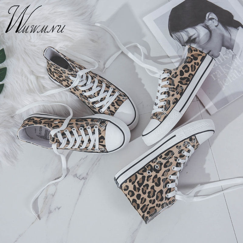 Ulzzang Leopard High-top Canvas Shoes Harajuku Sneakers Fashion New Lace-up Flat Shoes Women Classic Streetwear Wild Zapatos - Virtual Blue Store