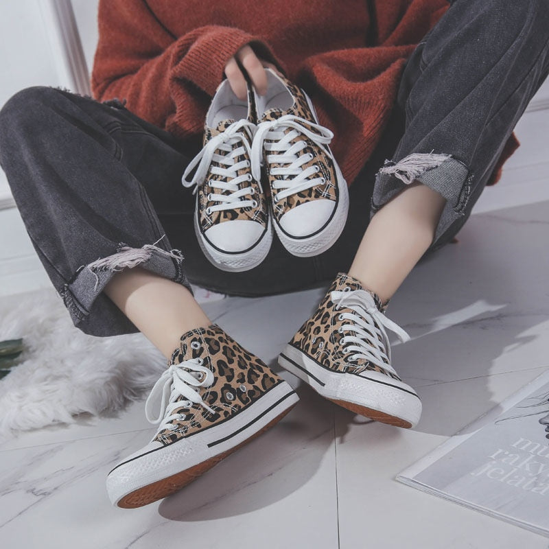 Ulzzang Leopard High-top Canvas Shoes Harajuku Sneakers Fashion New Lace-up Flat Shoes Women Classic Streetwear Wild Zapatos - Virtual Blue Store