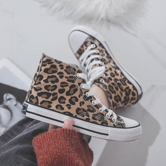 Ulzzang Leopard High-top Canvas Shoes Harajuku Sneakers Fashion New Lace-up Flat Shoes Women Classic Streetwear Wild Zapatos - Virtual Blue Store