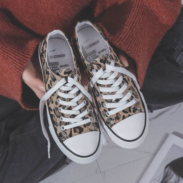 Ulzzang Leopard High-top Canvas Shoes Harajuku Sneakers Fashion New Lace-up Flat Shoes Women Classic Streetwear Wild Zapatos - Virtual Blue Store