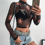 Sexy Women T Shirt See Through Transparent Mesh Tops Long Sleeve Sheer Slim Ladies Turtleneck T-Shirt New Arrival Women tshirt - Virtual Blue Store