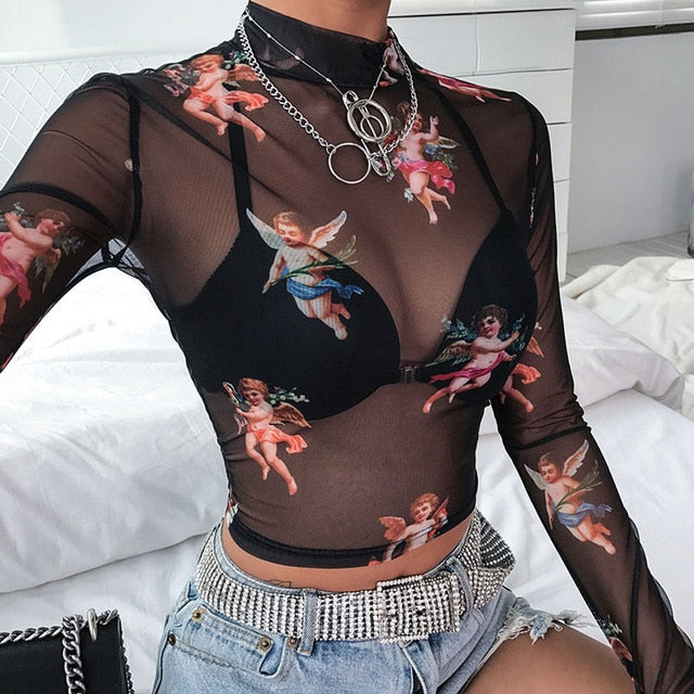Sexy Women T Shirt See Through Transparent Mesh Tops Long Sleeve