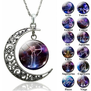 12 Constellation Necklace Zodiac Signs Cabochon Glass Crescent Moon Pendant Clavicle chain Necklace Birthday Gifts for Women - Virtual Blue Store