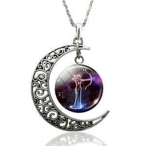 12 Constellation Necklace Zodiac Signs Cabochon Glass Crescent Moon Pendant Clavicle chain Necklace Birthday Gifts for Women - Virtual Blue Store