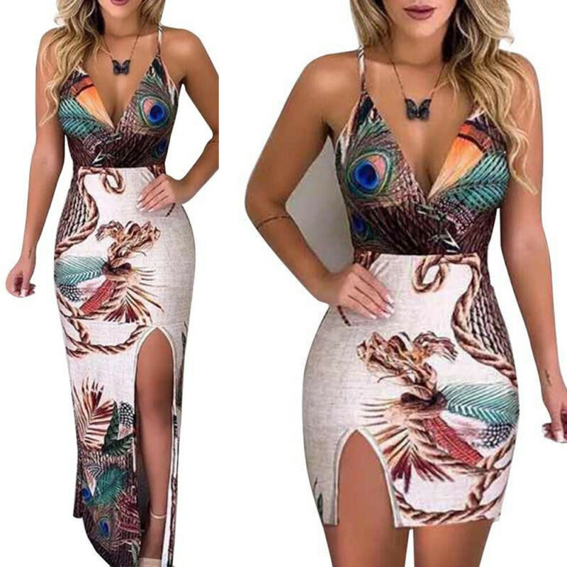 Summer Elegant Women Sling V Neck Peacock Feather Print Split Pencil Dress Female Bodycon Mini Short Vestidos Beach Sundress - Virtual Blue Store