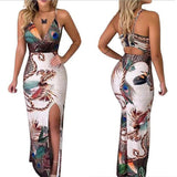 Summer Elegant Women Sling V Neck Peacock Feather Print Split Pencil Dress Female Bodycon Mini Short Vestidos Beach Sundress - Virtual Blue Store