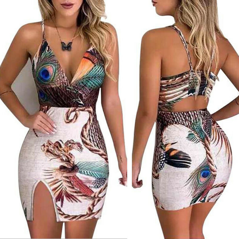 Summer Elegant Women Sling V Neck Peacock Feather Print Split Pencil Dress Female Bodycon Mini Short Vestidos Beach Sundress - Virtual Blue Store