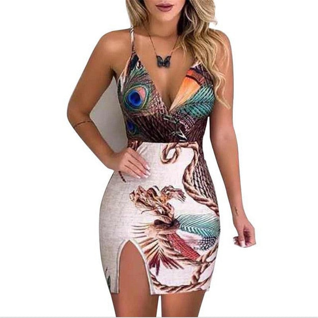 Summer Elegant Women Sling V Neck Peacock Feather Print Split Pencil Dress Female Bodycon Mini Short Vestidos Beach Sundress - Virtual Blue Store