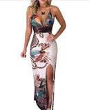 Summer Elegant Women Sling V Neck Peacock Feather Print Split Pencil Dress Female Bodycon Mini Short Vestidos Beach Sundress - Virtual Blue Store