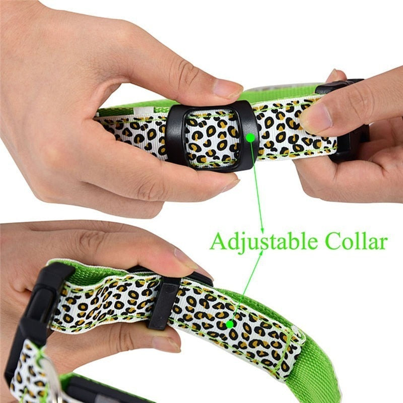 Adjustable LED Light Glow Pet Collar Leopard Nylon Pet Dog Cat Night Safety Luminous Flashing Necklace Glowing Neck Belt XWBE. - Virtual Blue Store