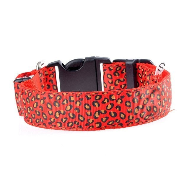 Adjustable LED Light Glow Pet Collar Leopard Nylon Pet Dog Cat Night Safety Luminous Flashing Necklace Glowing Neck Belt XWBE. - Virtual Blue Store
