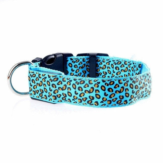 Adjustable LED Light Glow Pet Collar Leopard Nylon Pet Dog Cat Night Safety Luminous Flashing Necklace Glowing Neck Belt XWBE. - Virtual Blue Store