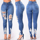 Women Denim Skinny Trousers High Waist Jeans Destroyed Knee Holes Pencil Pants Trousers Stretch Ripped Boyfriend Female
