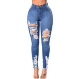 Women Denim Skinny Trousers High Waist Jeans Destroyed Knee Holes Pencil Pants Trousers Stretch Ripped Boyfriend Female - Virtual Blue Store
