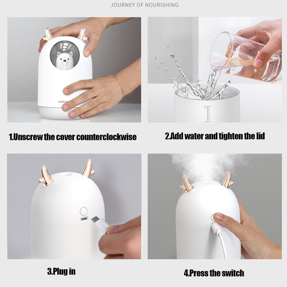 Mini USB Humidifier Cute Portable Ultrasonic Cartoon Animal Air Oil Diffuser Car Home Desktop LED Lamp Mist Maker Machine - Virtual Blue Store
