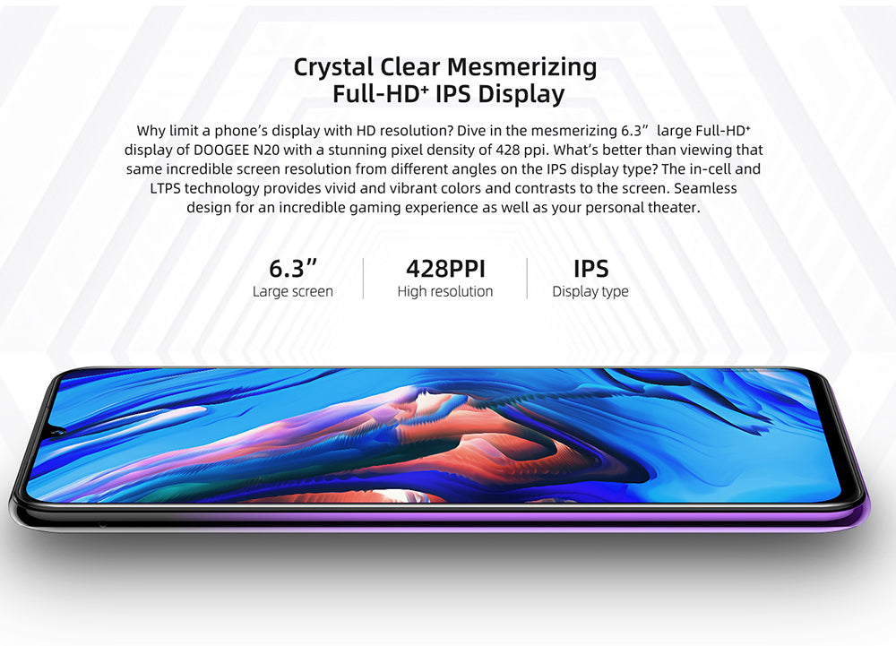 DOOGEE N20 Mobilephone Fingerprint 6.3inch FHD+ Display 16MP Triple Back Camera 64GB 4GB MT6763 Octa Core 4350mAh Cellphone LTE - Virtual Blue Store