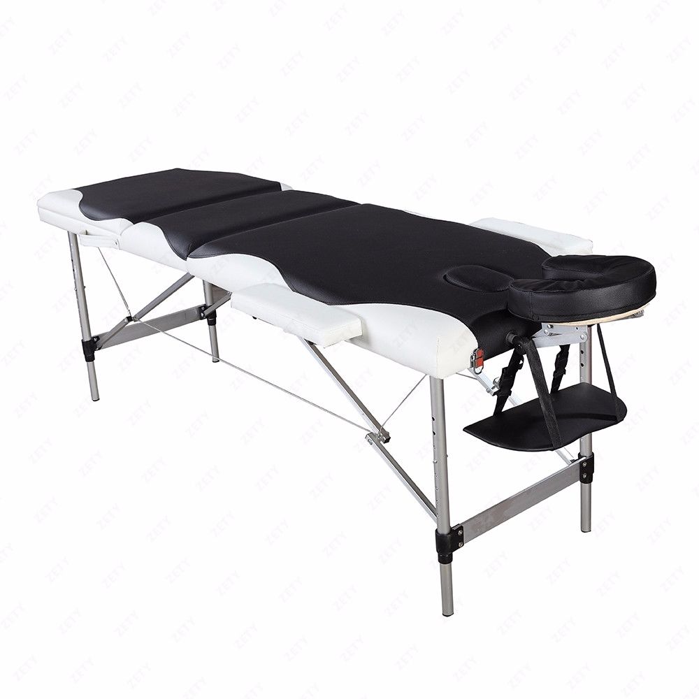 185 x 60 x 81cm  3 Sections Foldable Beauty Bed  Folding Aluminum Tube SPA Bodybuilding Massage Table Black with White Edge - Virtual Blue Store