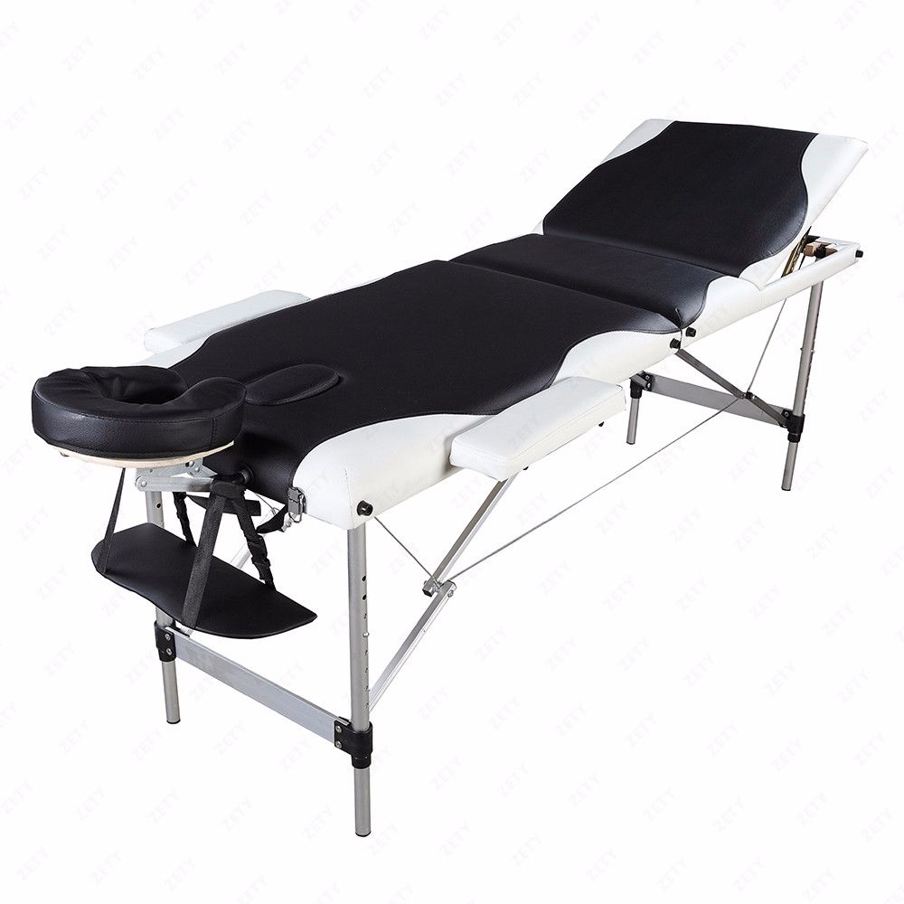 185 x 60 x 81cm  3 Sections Foldable Beauty Bed  Folding Aluminum Tube SPA Bodybuilding Massage Table Black with White Edge - Virtual Blue Store