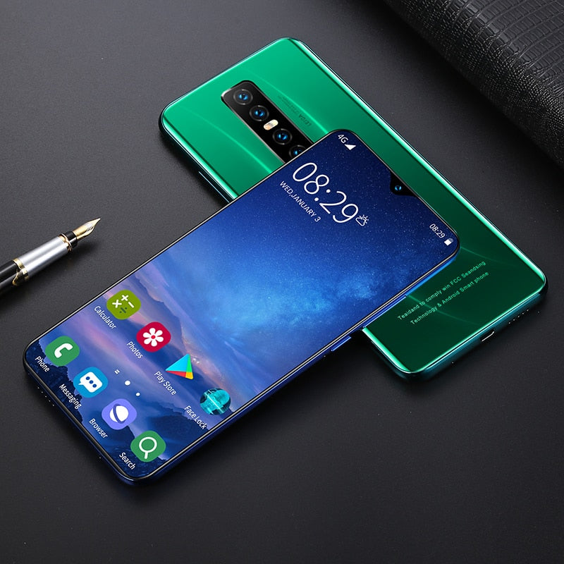 New V17 PRO 6.53 Inch Full-screen Ultrabook Mobile Phone 8 + 256G Screen Fingerprint Unlock Facial Recognition Reflective High- - Virtual Blue Store