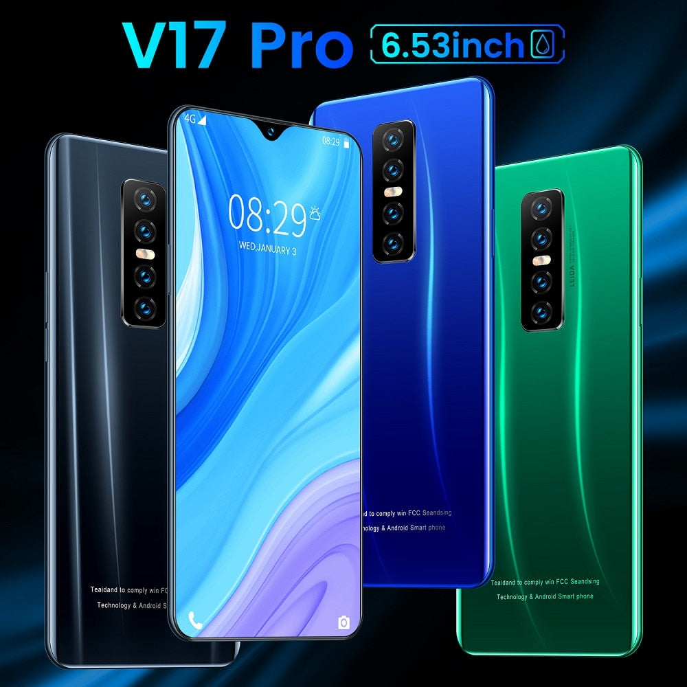New V17 PRO 6.53 Inch Full-screen Ultrabook Mobile Phone 8 + 256G Screen Fingerprint Unlock Facial Recognition Reflective High- - Virtual Blue Store