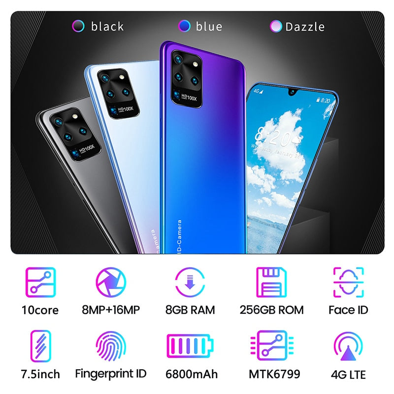 7.5 inch Galay S20 network  8GB RAM 256GB ROM Octa Core 4 Camera Snapdragon 855 smart phone With phone case - Virtual Blue Store