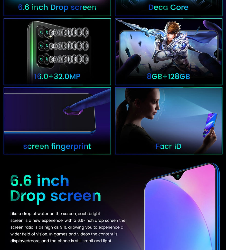 New A90 10-core 8 + 256G Dual Card Dual Standby 6.6-inch Full-screen Ultrabook Mobile Phone 4G Network - Virtual Blue Store