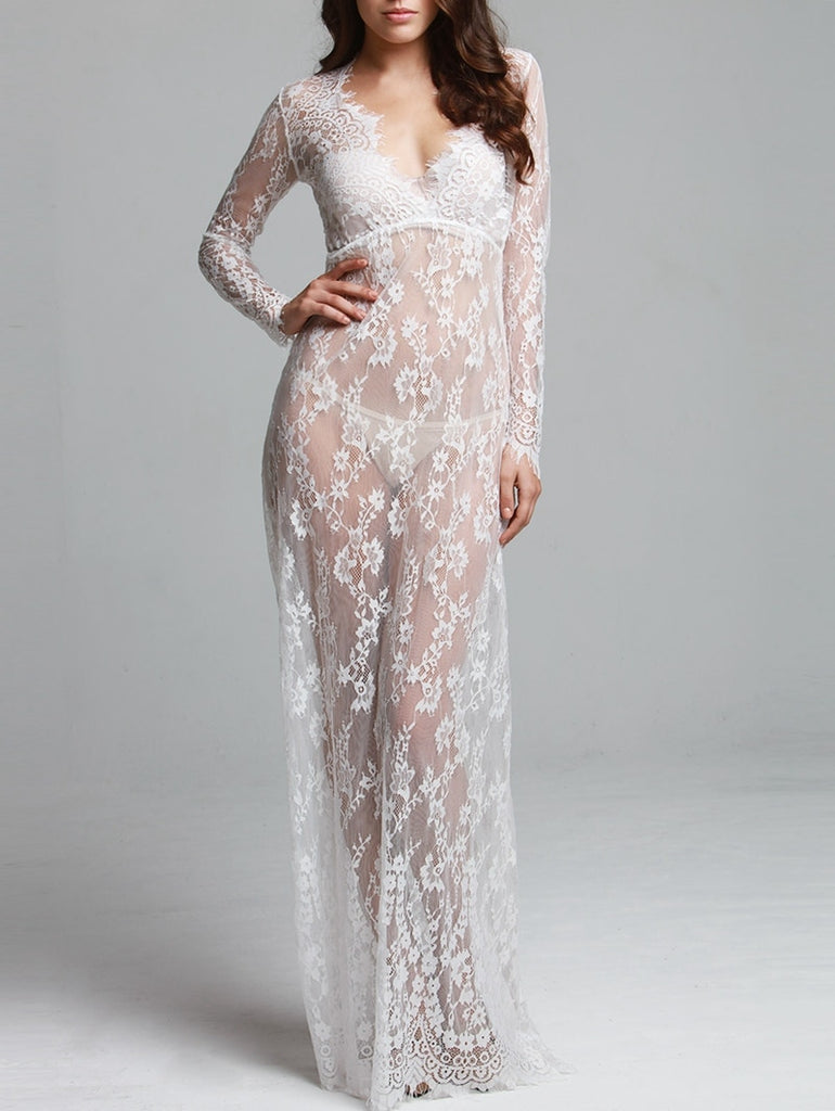 HOT SELL Ladies Sexy Lace Sleepwear Nightdress Babydolls See through lingerie big size sleeping dress white long nightgown - Virtual Blue Store