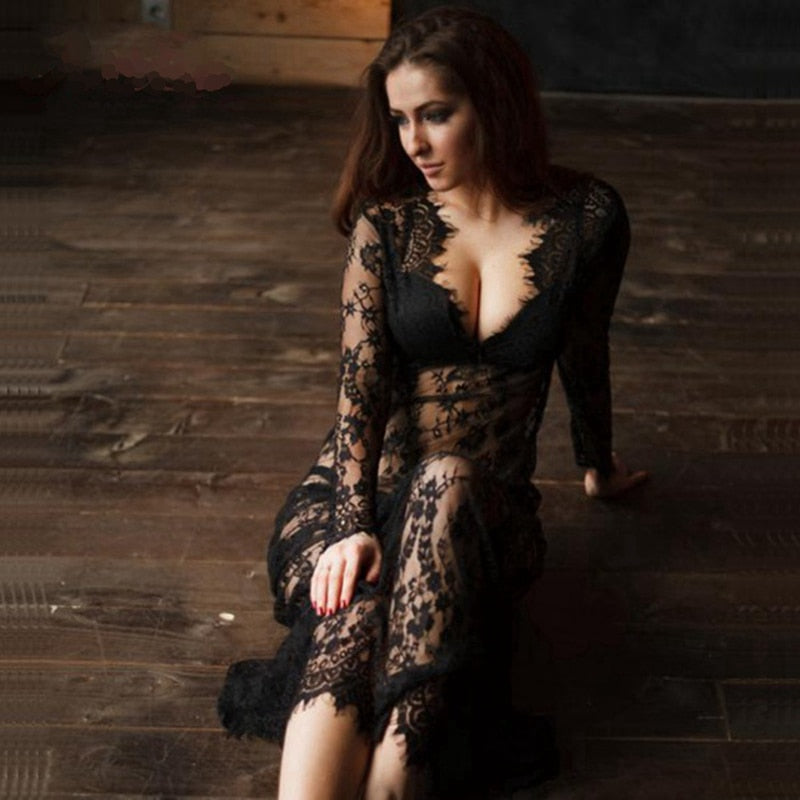 HOT SELL Ladies Sexy Lace Sleepwear Nightdress Babydolls See through lingerie big size sleeping dress white long nightgown - Virtual Blue Store