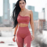 2021 Seamless Yoga Set Women Gym Sportswear Outfit Yoga Pant Leggings Pad One Shoulder Sports Bra 2 Pcs Workout Cloth Tracksuit - Virtual Blue Store