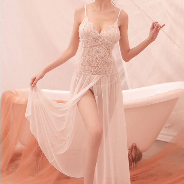 Long Sleepshirts Ladies Lace Lingerie Dress Nightwear Womens Clothing Sexy Night Dress homewear Sleeveless Spaghetti Strap - Virtual Blue Store