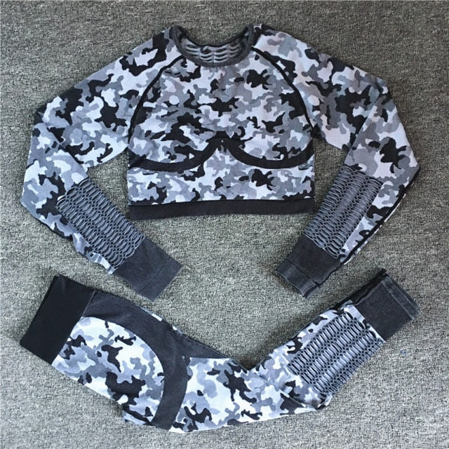 2PCS Camouflage Set Women Yoga Suit Sport Set Gym Workout Clothes Long Sleeve Fitness Crop Top High Waist Seamless Camo Leggings - Virtual Blue Store